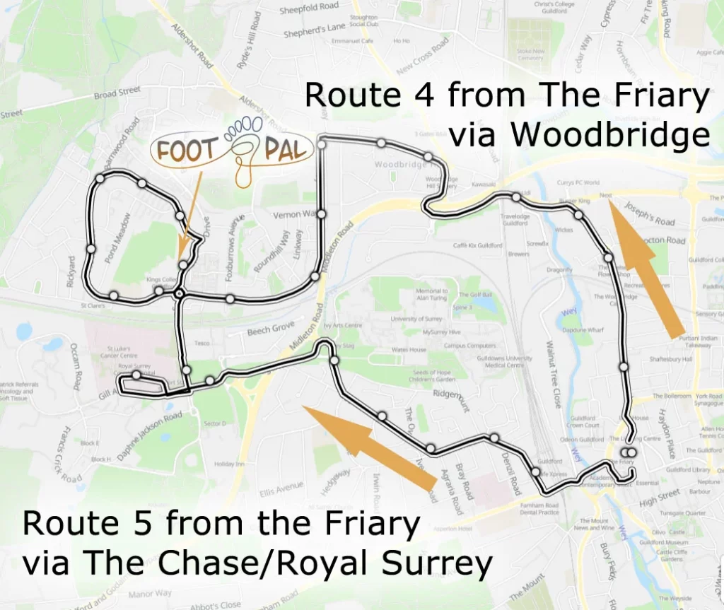 Map showing bus routes 4 and 5
